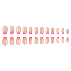 Pink gradient press-on nails with white flower patterns oval shape 24pcs set
