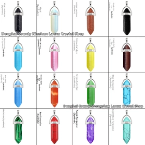 Grid view of sixteen assorted hexagonal crystal point pendants with silver metal clasps