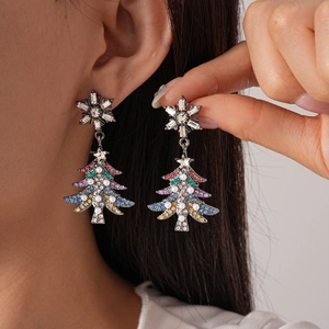 Vintage style Christmas earrings with snowflake and tree shapes, rhinestones and pearls