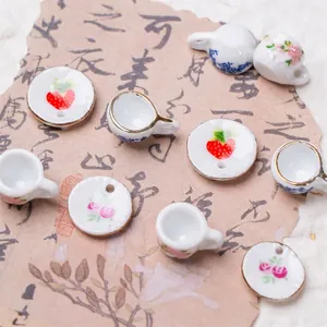 Miniature ceramic tea set beads with strawberry and floral patterns for jewelry making