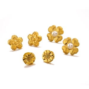 Set of 18K gold plated floral stud earrings featuring pearl and textured metal designs