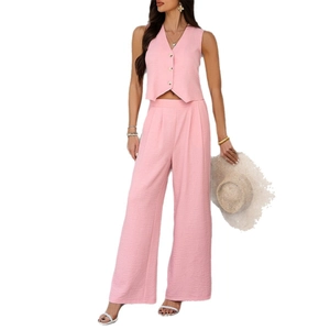 Chic pink two-piece vest and wide-leg trouser set for casual summer vacation wear