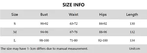 Size chart showing bust, waist, hips, and length for women's high slit maxi dress in cm