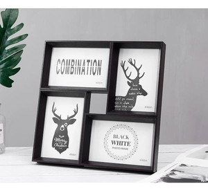 Detail of a 4-opening 4x6 inch wood grain collage photo frame in a modern home setting