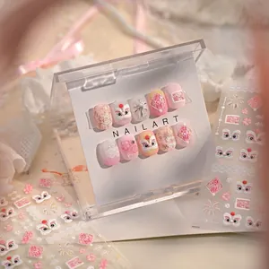 Pink lion dance nail stickers set with floral patterns and auspicious gold character accents