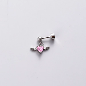 Pink heart zircon stud earring with silver wings and secure screw ball back design