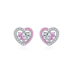 Boucles d'oreilles cœur en argent sterling S925 avec émail rose et gemmes brillantes