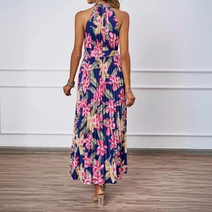 Elegant sleeveless halter floral maxi dress with high waist and pleated flowing skirt