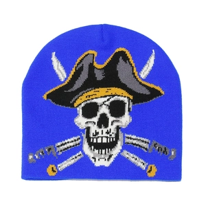 Close-up of pirate skull and cross swords jacquard pattern on blue knitted beanie