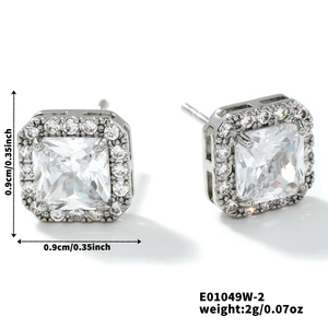 Macro view of square silver earrings with cubic zirconia and size specifications