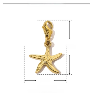 Detailed size chart of a golden stainless steel starfish pendant with lobster clasp
