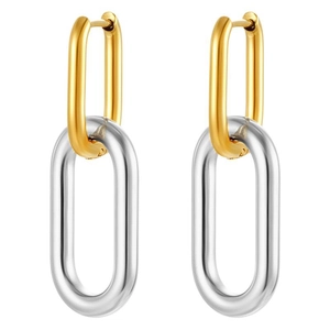 Modern two-tone U-shape oval chain link earrings with polished gold and silver plating