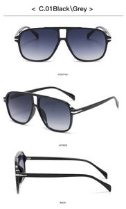 Three-view set of retro aviator sunglasses with black frames and grey gradient lenses