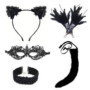 Black lace catwoman accessory set with ears, mask, collar, gloves and tail for Halloween