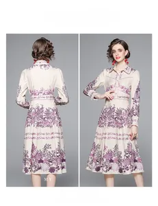 Front and back view of elegant midi floral dress with lapel collar and waist detail