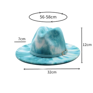 Detailed dimensions of tie-dye fedora hat showing brim width and head circumference