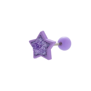Purple star-shaped stainless steel stud earring with shimmering zircon inlay on white backdrop