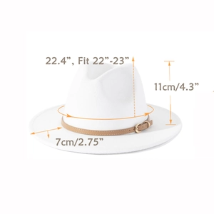 White wide brim fedora hat with belt buckle and detailed size measurements display