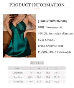 Detailed size guide table for dark green silk-like satin strap slip dress with measurements