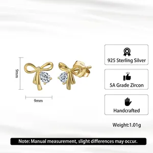 Exquisite S925 sterling silver bow knot earrings with 5A zircon and 14K gold plating