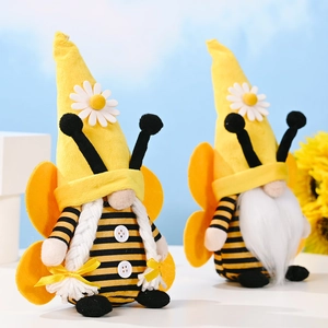 Cute pair of bee-themed gnome plush dolls with yellow wings and sunflower decor