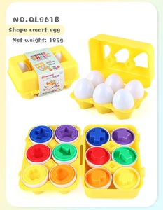 Detailed view of 6-piece shape matching egg toy set showing colored geometric interiors