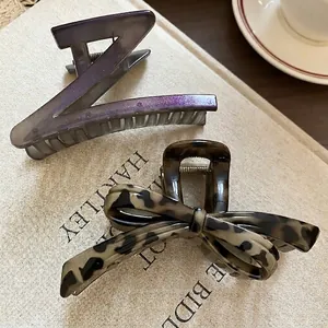 Leopard Print Bow Hair Claw Clip Acrylic Geometric Large Shark Hairclip For Women French Retro Style Strong Hold