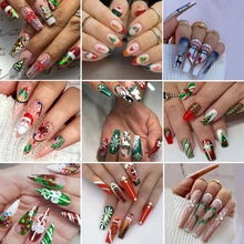 Collage of nine festive Christmas nail art designs featuring reindeer and snowflake patterns
