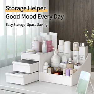 White minimalist plastic desk organizer with two drawers and tiered compartments for makeup