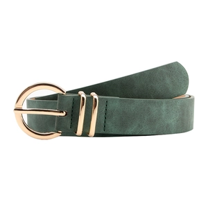 Dark green leather belt with rose gold circular buckle and vintage texture