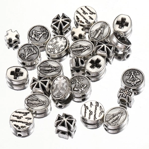 Vintage silver religious beads with cross and Mary portrait for DIY jewelry making