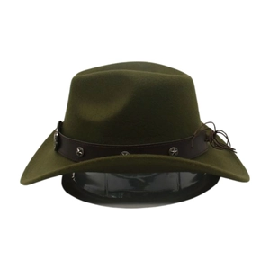 Cappello da cowboy in feltro verde oliva con fascia in pelle e borchie a stella