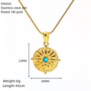 Detail of 18k gold plated sunburst pendant with turquoise stone and snake chain dimensions