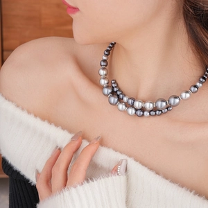 French vintage double layer pearl necklace with grey and silver pearls for elegant women
