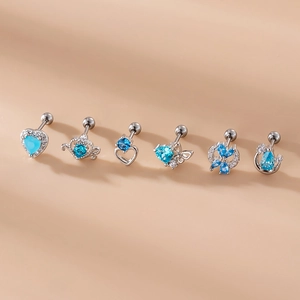 Set of 6 silver stainless steel stud earrings with blue heart and butterfly zircon stones