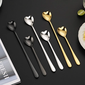 Set of 6 heart-shaped 304 stainless steel spoons in gold, silver, and black finishes