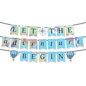 Travel themed Let the Adventure Begin banner with world map flags and hot air balloon motifs