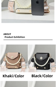 Detail of mini crossbody bag with woven texture, pearl handle and clover hardware