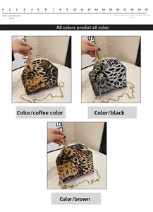 Detail view of leopard print shell bags in brown and black with gold chain and plush charms