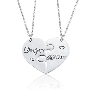Polished stainless steel heart puzzle necklace set with Mother and Daughter engraving