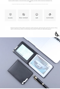 Detail of black lychee leather driver license holder with metal corners and card slots