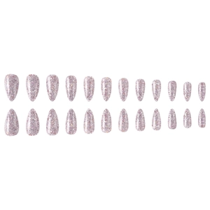 Sparkly pink and silver holographic glitter almond press-on nails set with 24 pieces