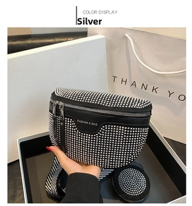 Detail of silver rhinestone saddle bag with black and white striped shoulder strap