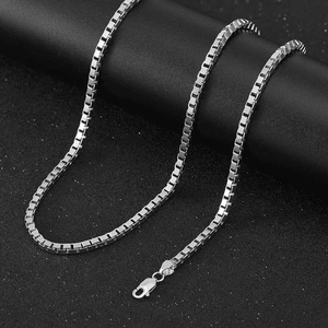 Classic 3mm S925 sterling silver box chain necklace with lobster clasp on dark background