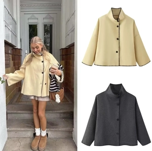 Women High Neck Polyester Jacket Contrast Stitching Drop Shoulder Short Coat Solid Color Button Up Elegant Fashion Outerwear Top