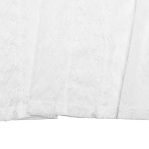 Close-up of white lace fabric featuring delicate floral patterns and mesh structure details