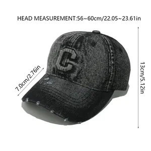 Size chart showing denim baseball cap measurements: 56-60cm head, 13cm height, 7cm brim