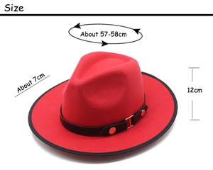 Detailed size guide for red wool fedora hat with black trim and leather strap