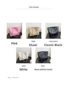 Detailed grid of quilted tote bags featuring chain straps in pink, beige, black, and white