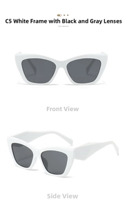 Detailed front and side views of white square cat eye sunglasses with dark grey lenses